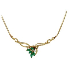 14K Yellow Gold Marquise Emerald & Diamond Necklace, 11.5gr