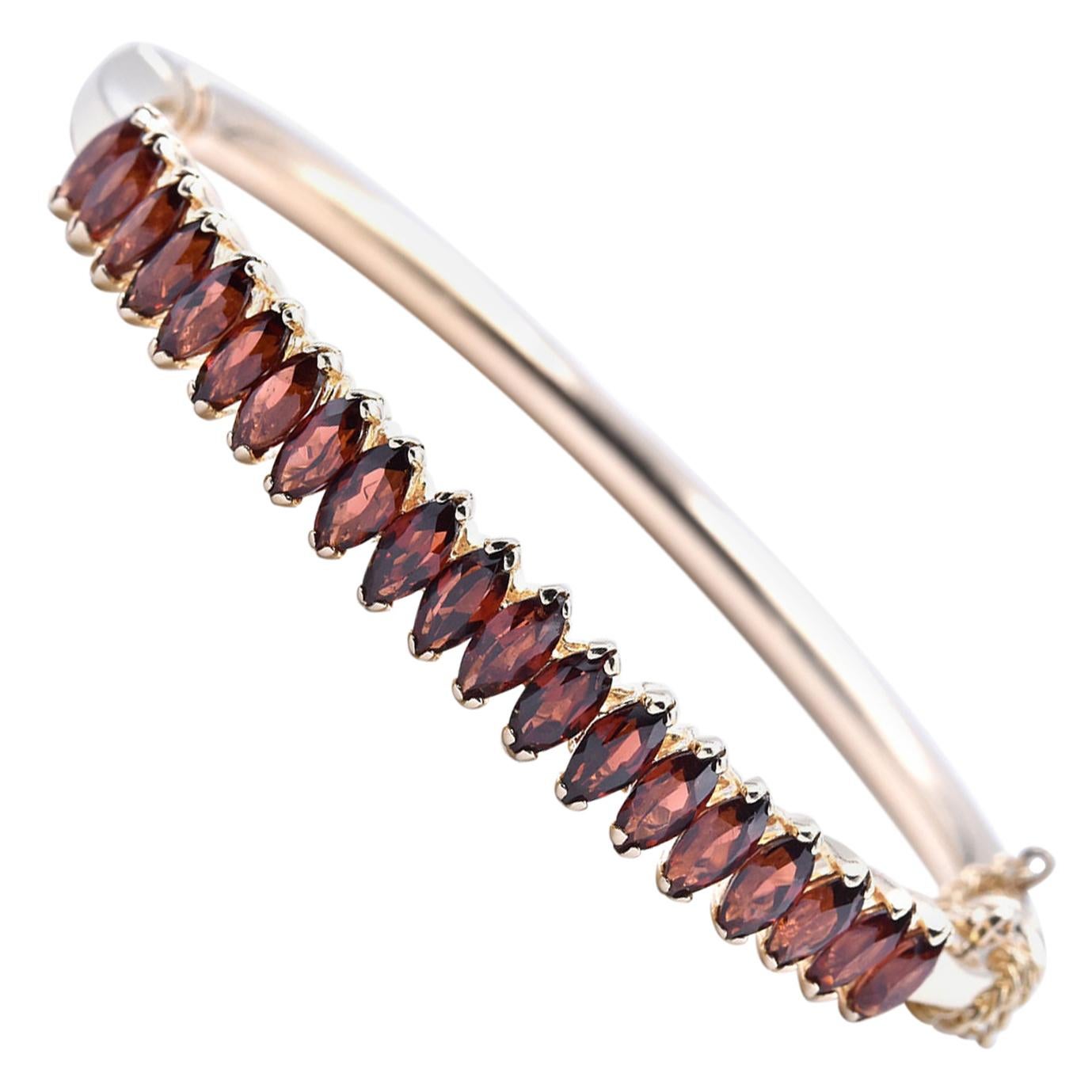 14 Karat Yellow Gold Marquise Garnet Hinged Bangle Bracelet