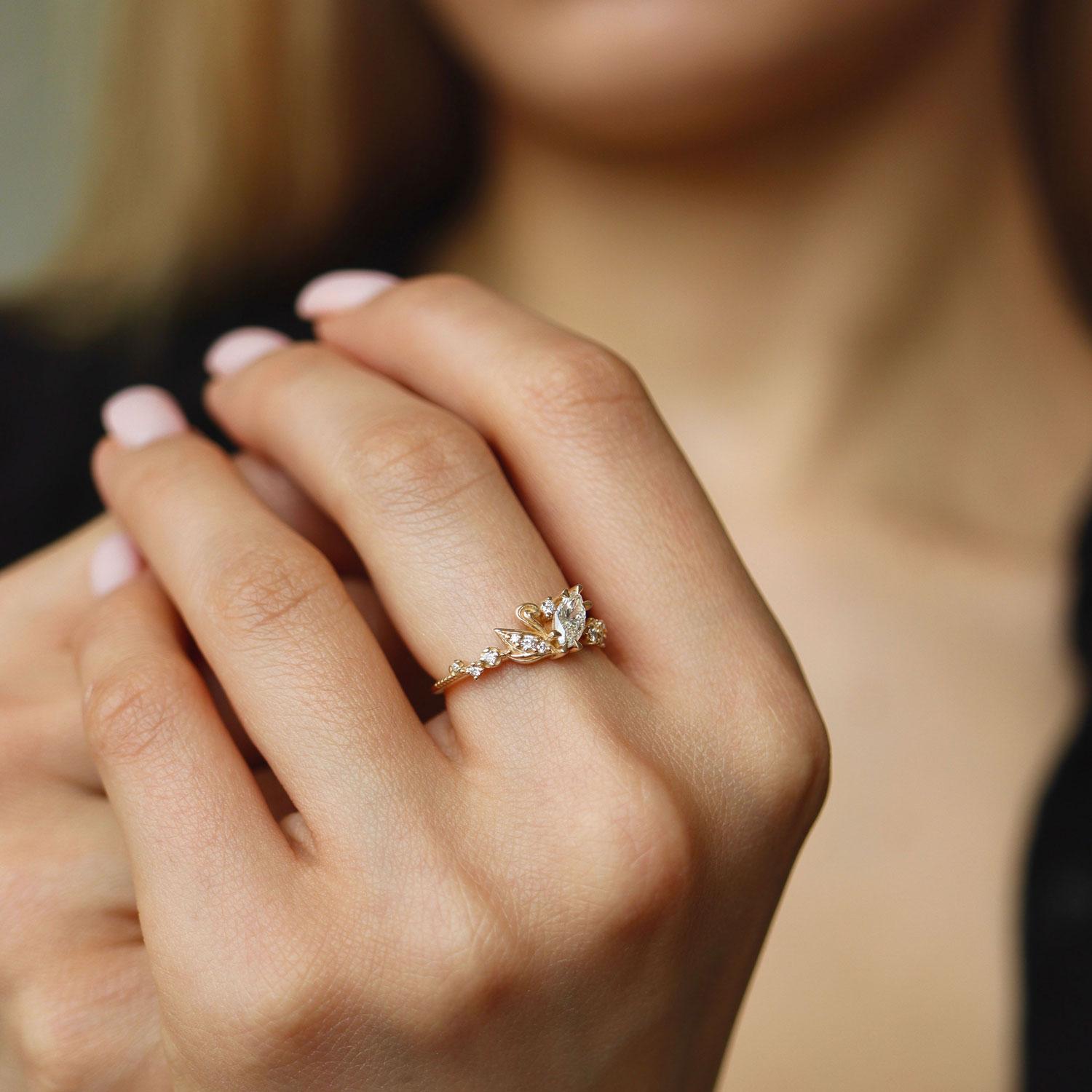 For Sale:  14k Yellow Gold Marquise Natural Diamond Love Swan Engagement Ring 2