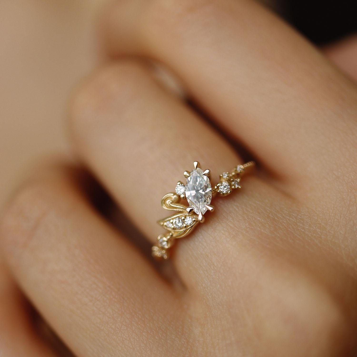 For Sale:  14k Yellow Gold Marquise Natural Diamond Love Swan Engagement Ring 4
