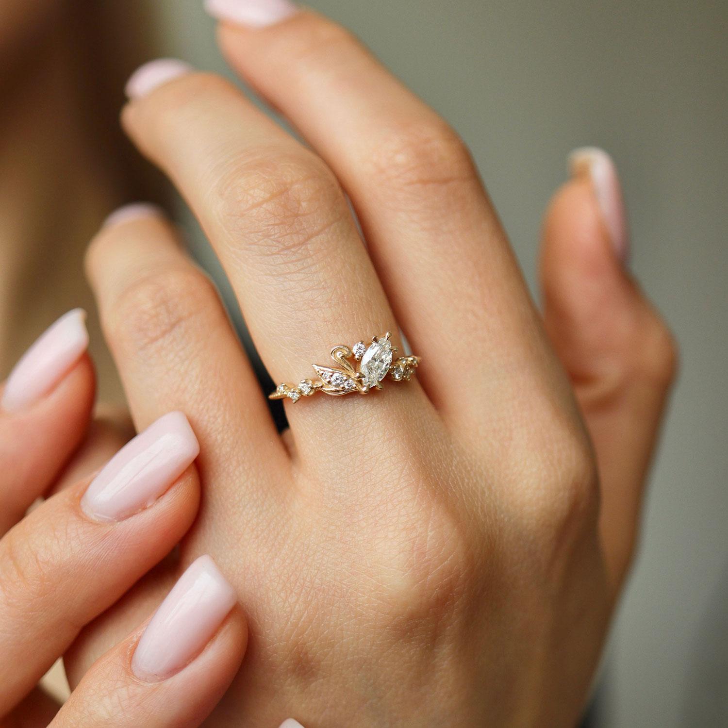 For Sale:  14k Yellow Gold Marquise Natural Diamond Love Swan Engagement Ring 5