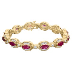Pulsera de eslabones ovalada de oro amarillo de 14 quilates con rubí rojo marquesa y diamantes de 2,0 qt