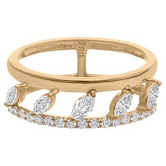 14K Yellow Gold Marquise Round Diamond Pave Double Band Wedding Ring
