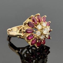 14K Yellow Gold Marquise Ruby & Diamond Cluster Ring – 8.45g – Adjustable 4.5–7