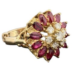 14K Yellow Gold Marquise Ruby & Diamond Cluster Ring – 8.45g – Adjustable 4.5–7