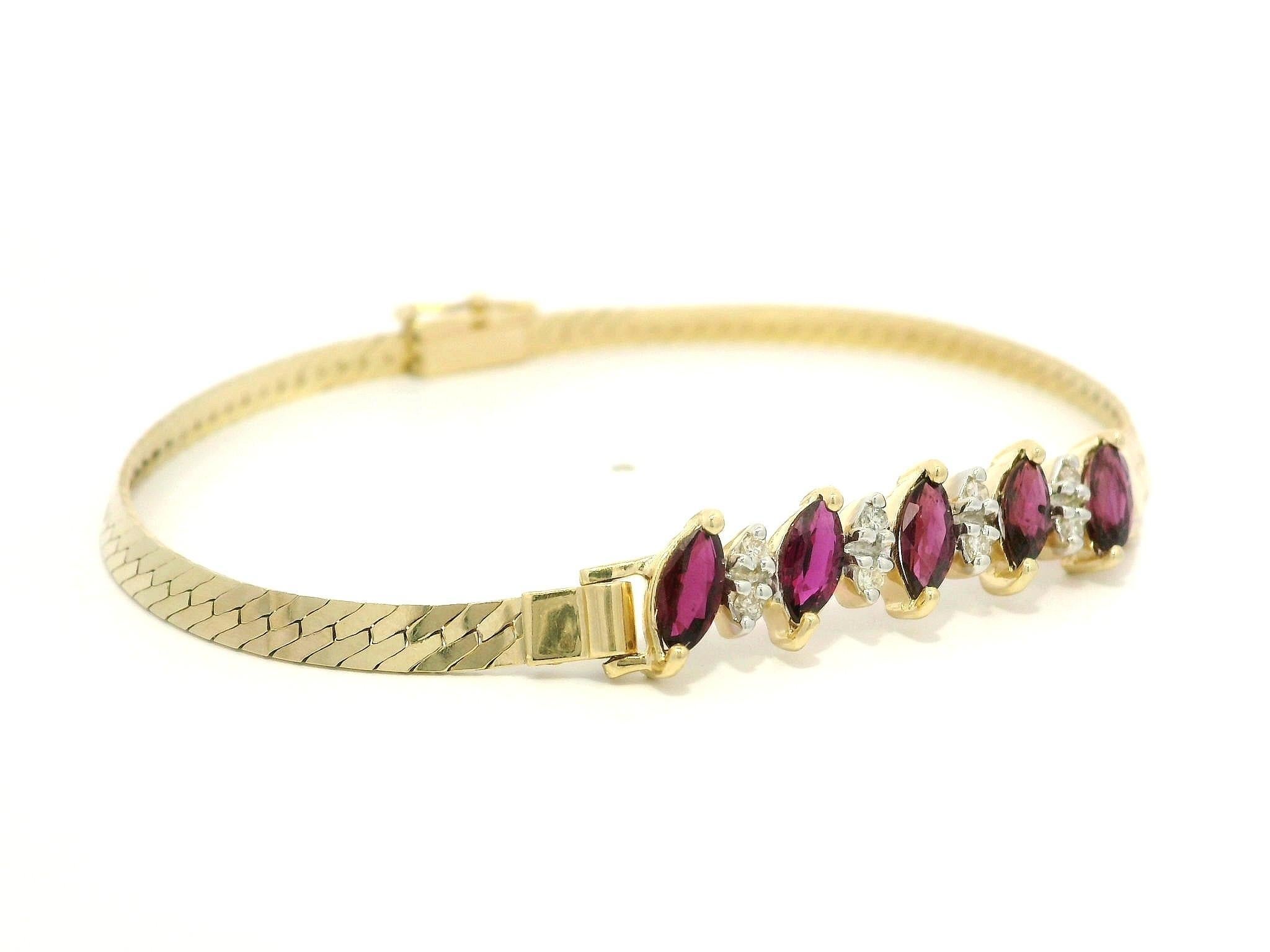 14k Yellow Gold Marquise Ruby & Diamond Flat Herringbone Link Chain Bracelet For Sale 5