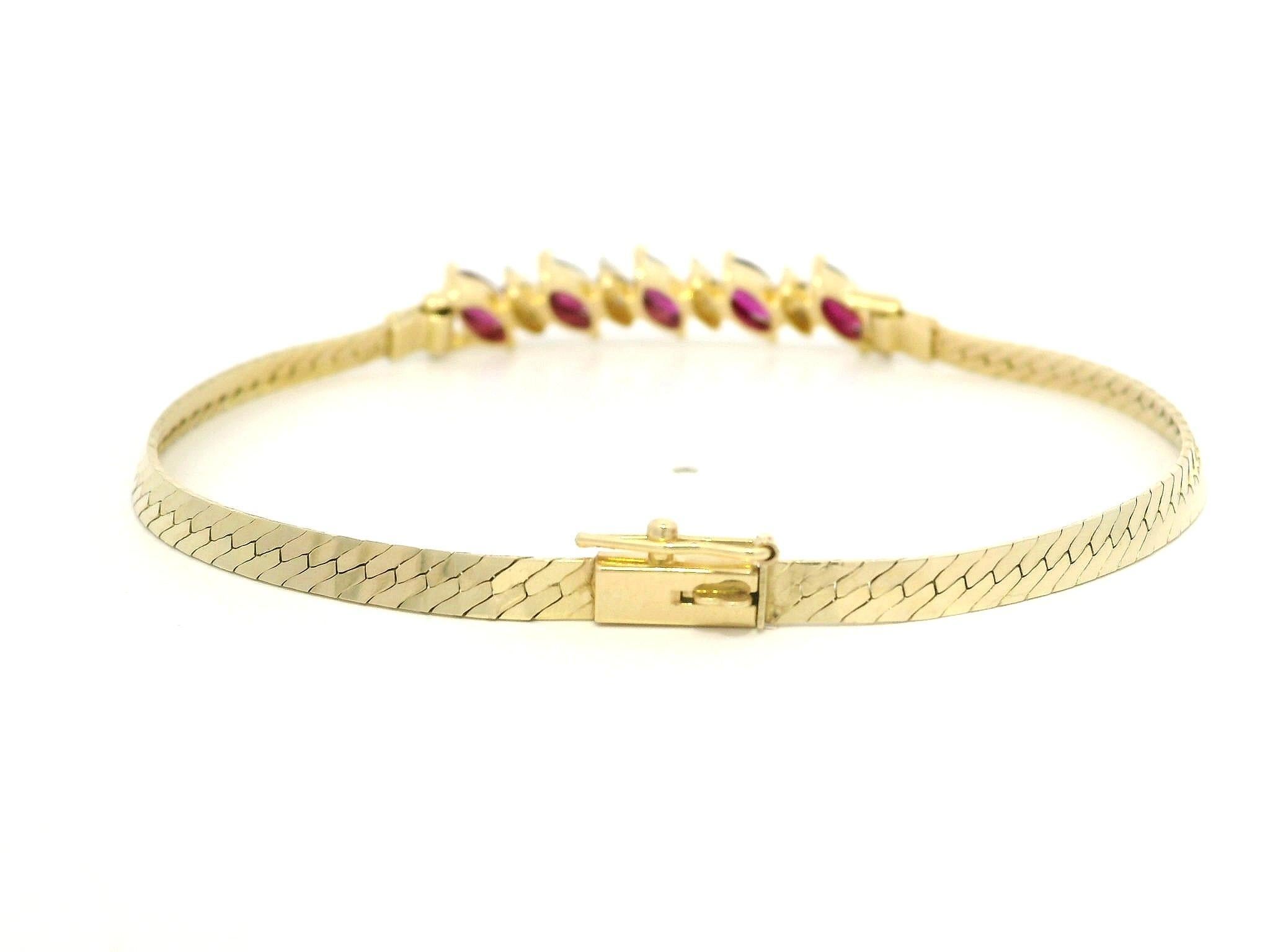Marquise Cut 14k Yellow Gold Marquise Ruby & Diamond Flat Herringbone Link Chain Bracelet For Sale