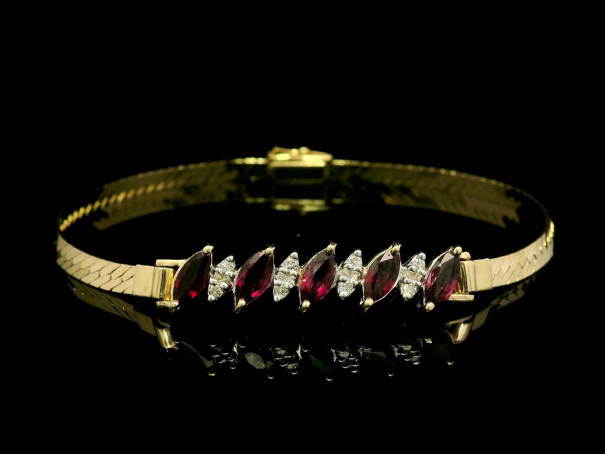 14k Yellow Gold Marquise Ruby & Diamond Flat Herringbone Link Chain Bracelet For Sale 1