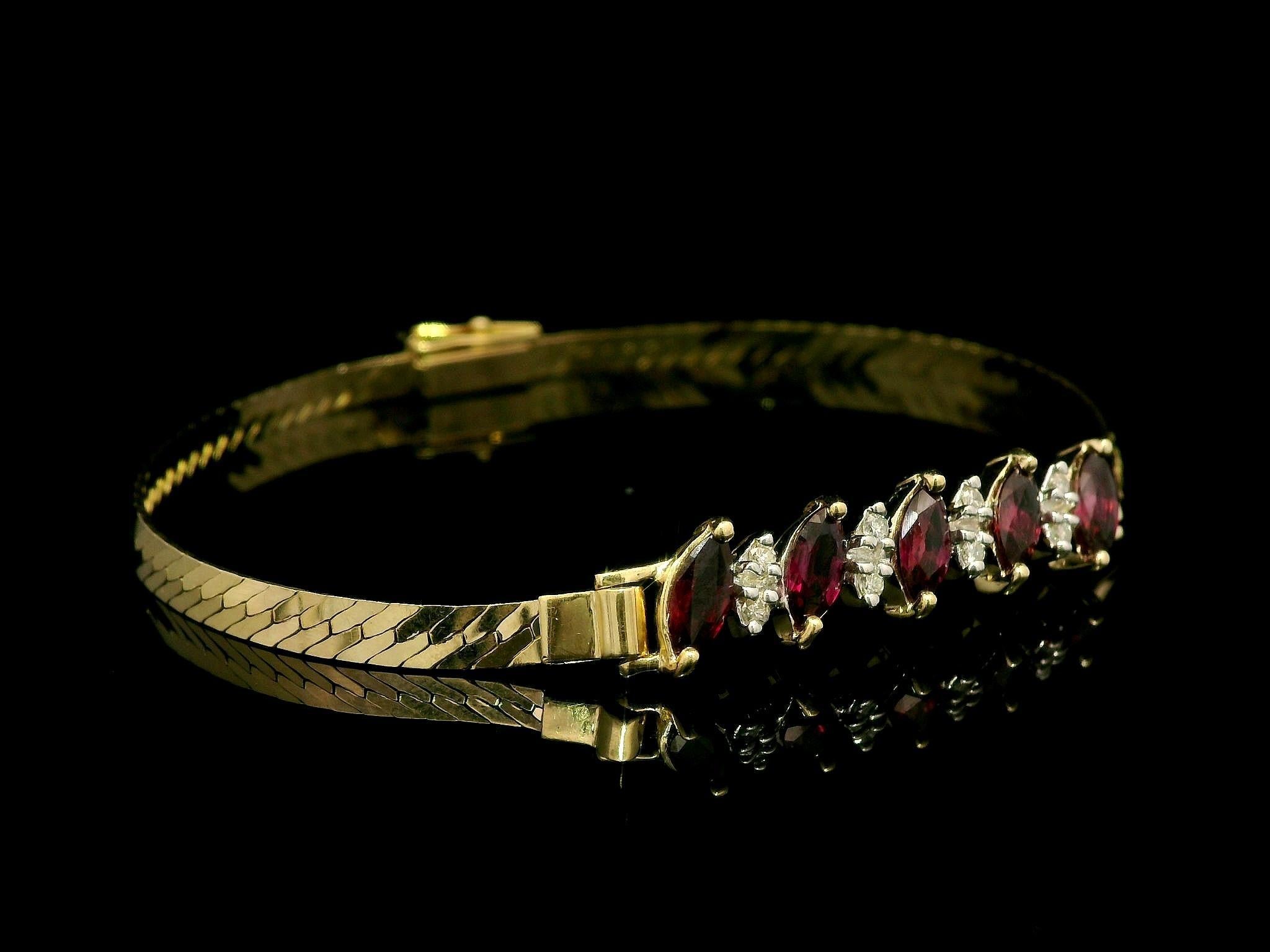 14k Yellow Gold Marquise Ruby & Diamond Flat Herringbone Link Chain Bracelet For Sale 2