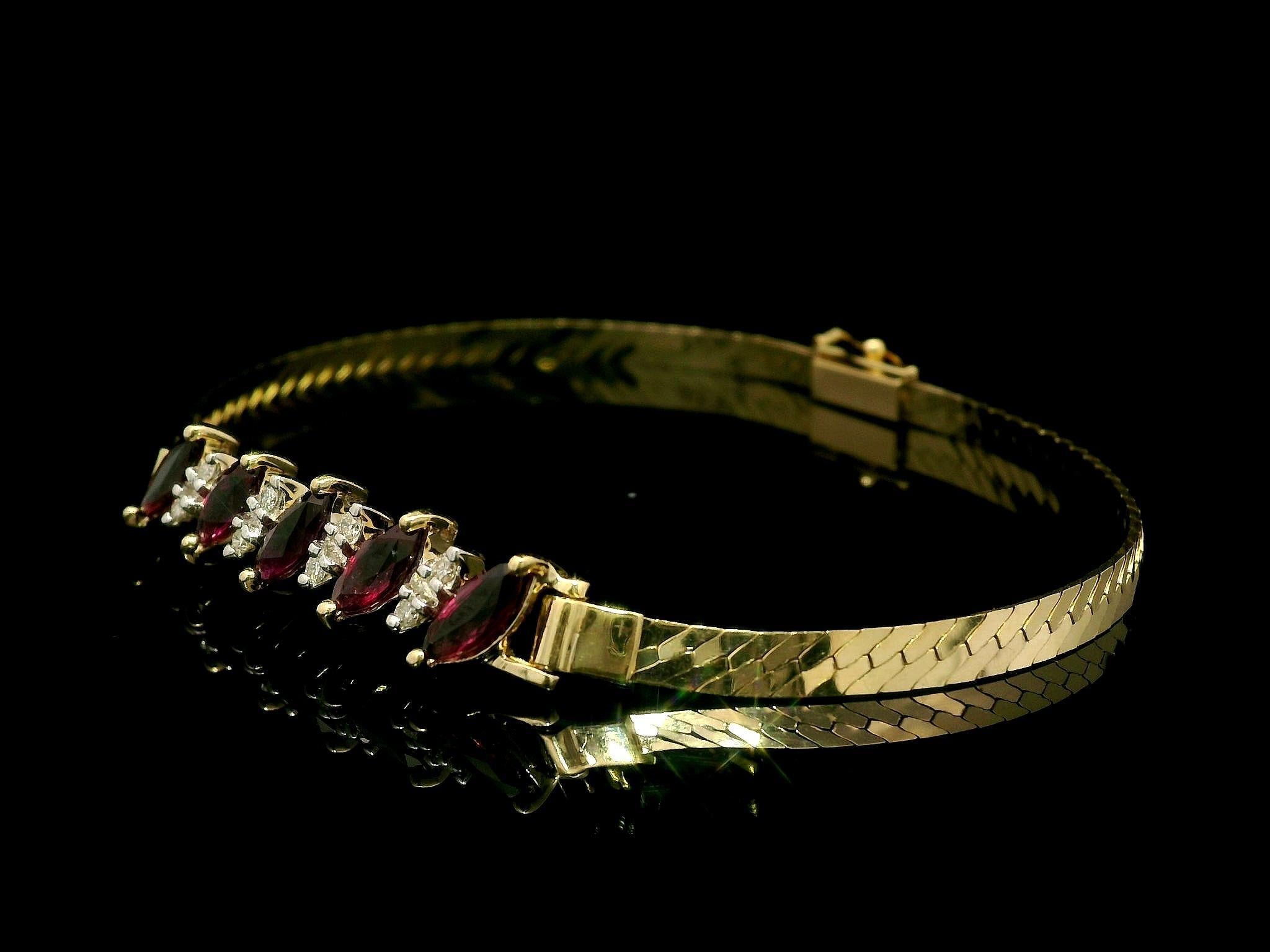14k Yellow Gold Marquise Ruby & Diamond Flat Herringbone Link Chain Bracelet For Sale 3