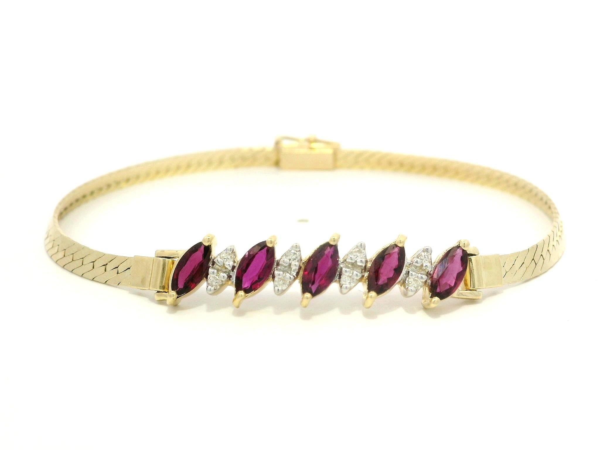 14k Yellow Gold Marquise Ruby & Diamond Flat Herringbone Link Chain Bracelet For Sale 4