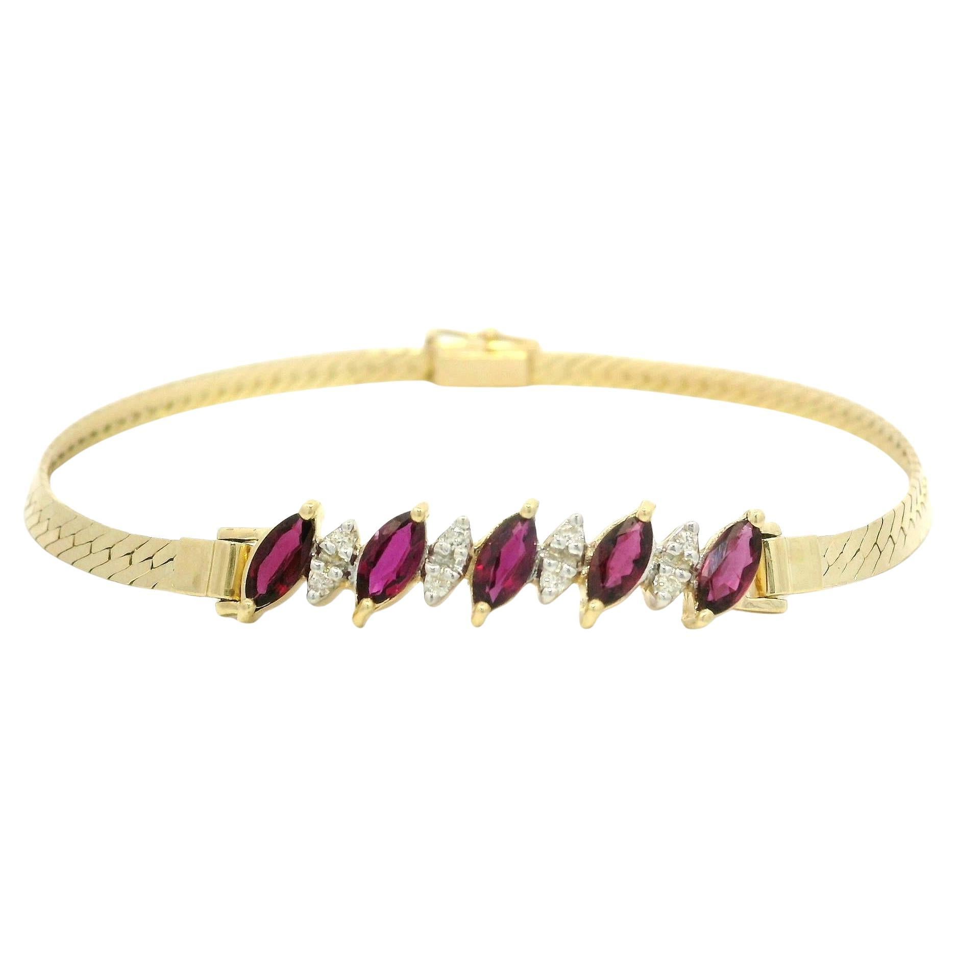 14k Yellow Gold Marquise Ruby & Diamond Flat Herringbone Link Chain Bracelet For Sale