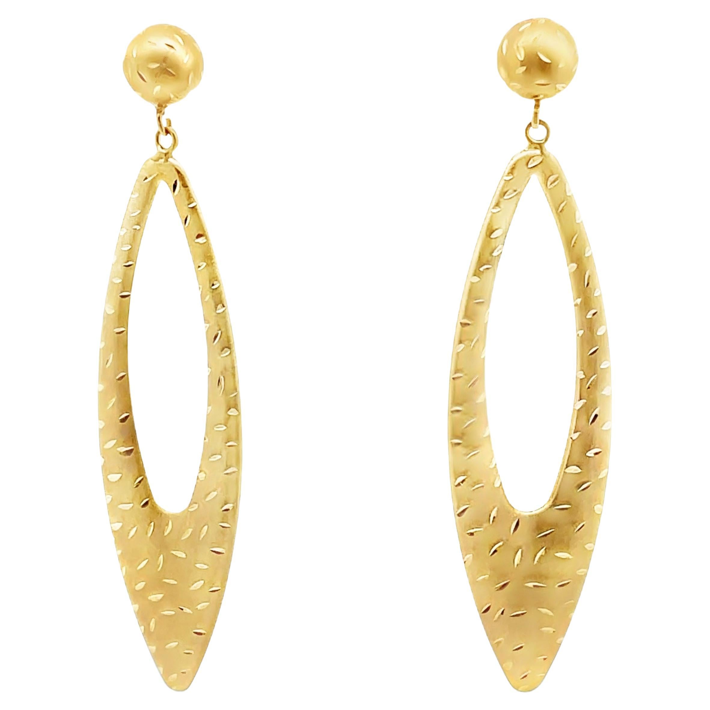 14K Yellow Gold Marquise Shape Long Drop Earrings with Pushback Closures For Sale