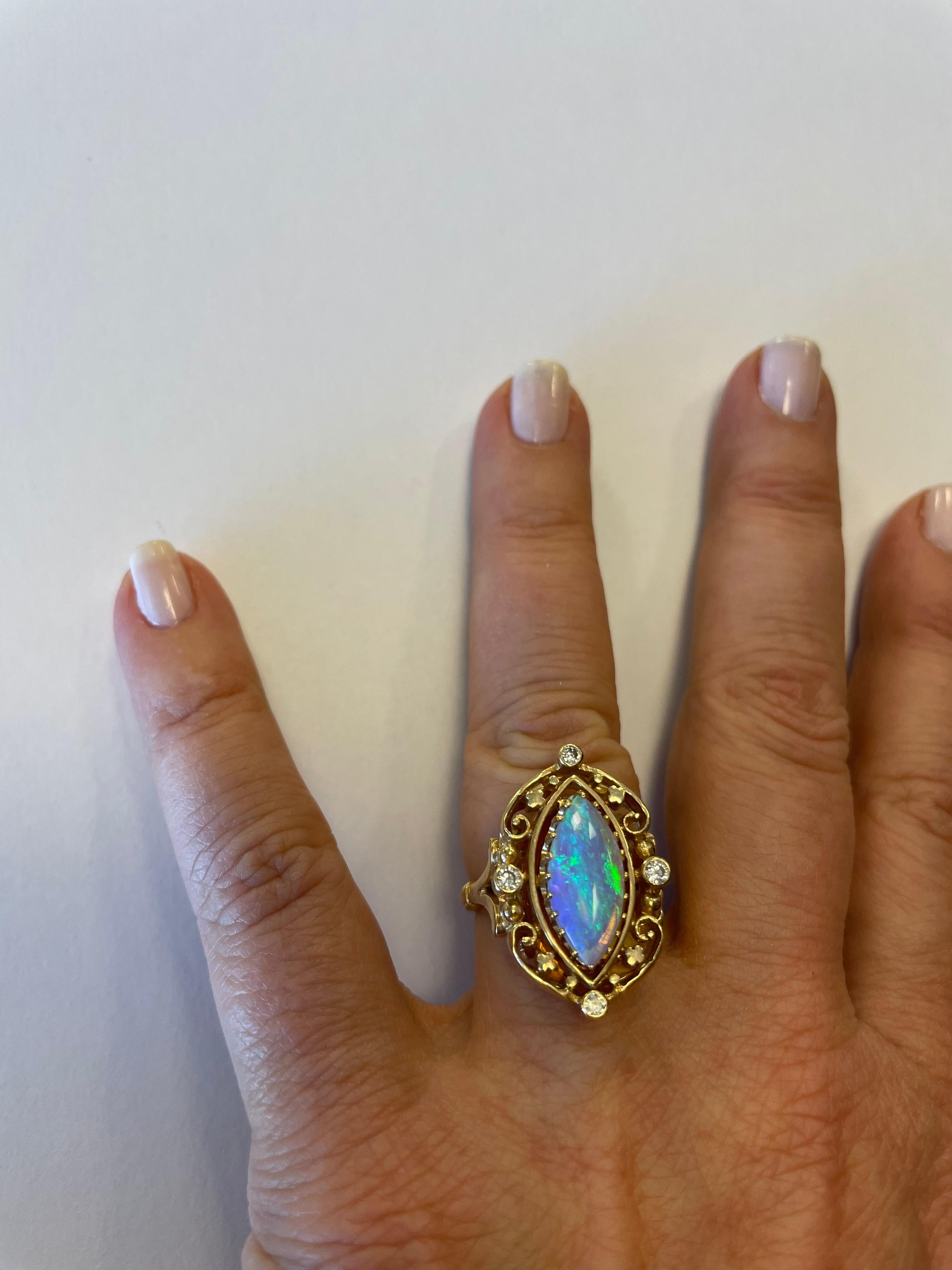 Contemporary 14 Karat Yellow Gold Marquise Shape Opal and Diamond Ring Vintage Design For Sale