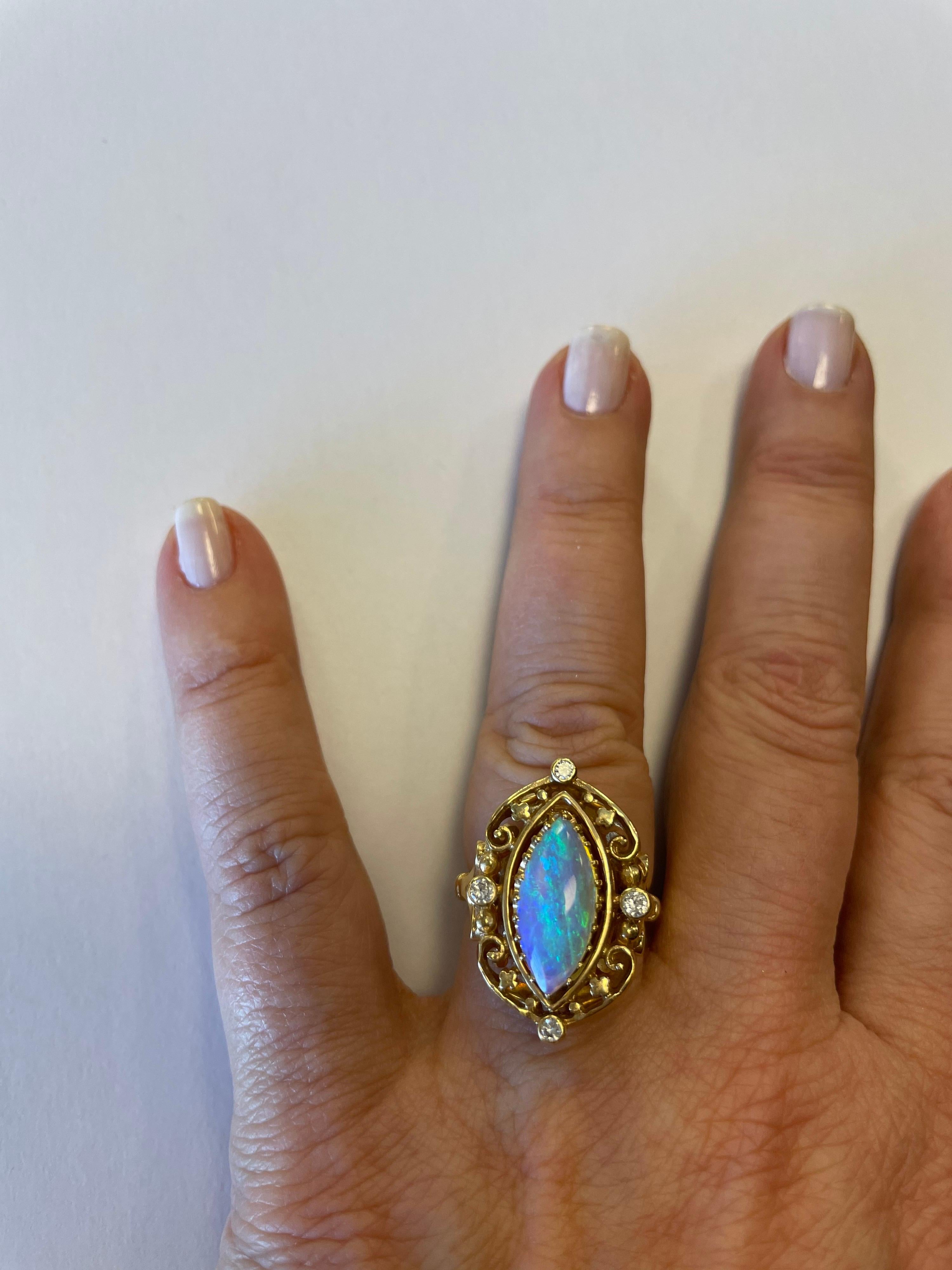 14 Karat Yellow Gold Marquise Shape Opal and Diamond Ring Vintage Design In Excellent Condition For Sale In Chicago, IL