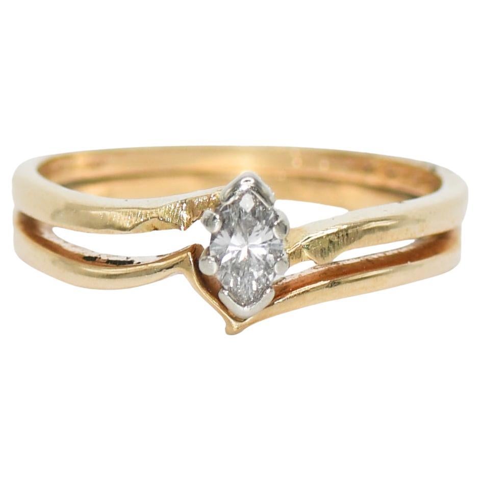 14k Yellow Gold Marquise Shaped Diamond Ring, H Color SI Clarity, Size 6.75 For Sale
