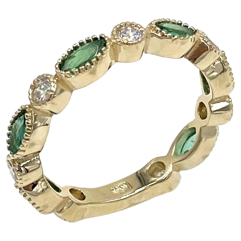 14K Yellow Gold Marquise Shaped Emerald and Diamond Eternity Ring For ...