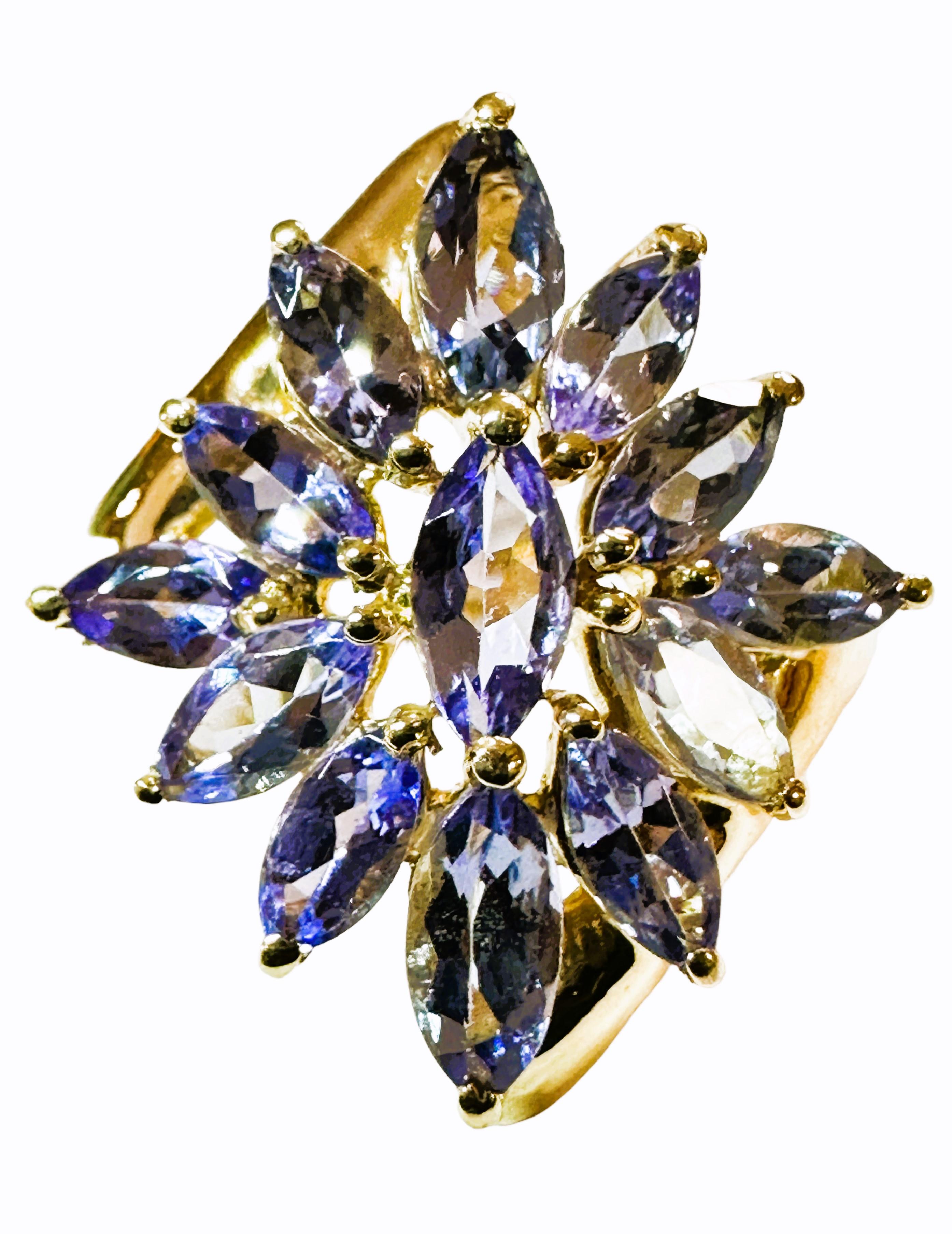 Art Nouveau 14k Yellow Gold Marquise Tanzanite Statement Ring Size 7 For Sale
