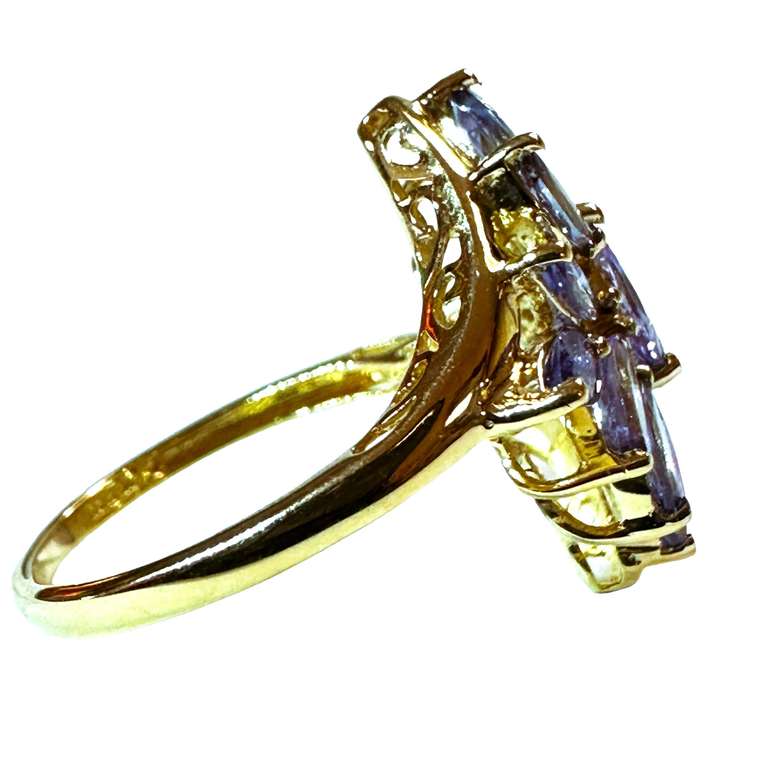 Women's 14k Yellow Gold Marquise Tanzanite Statement Ring Size 7 For Sale