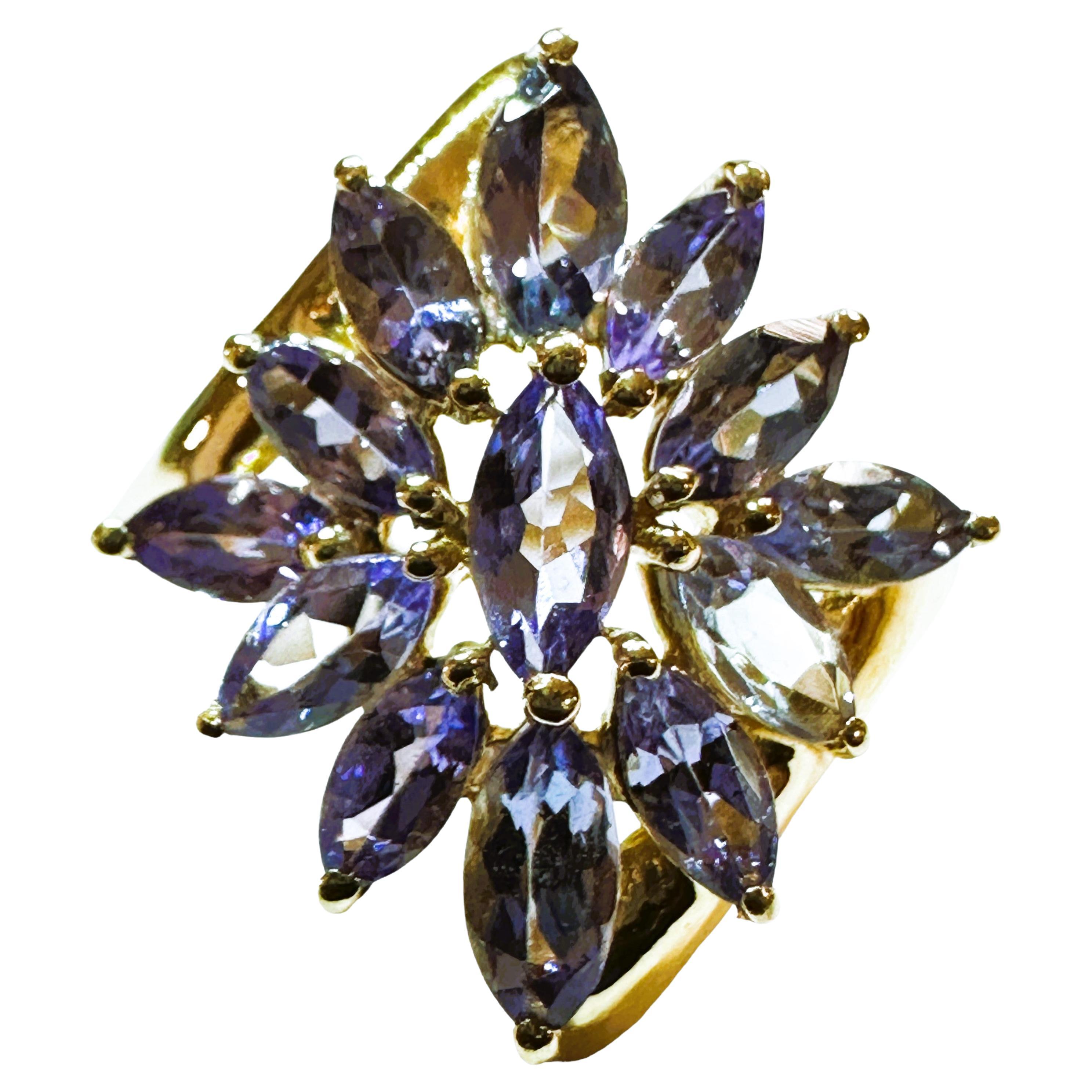 14k Yellow Gold Marquise Tanzanite Statement Ring Size 7 For Sale