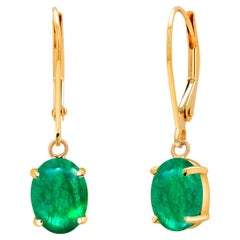 14K Yellow Gold Matched Cabochon Emerald Lever Back Earrings
