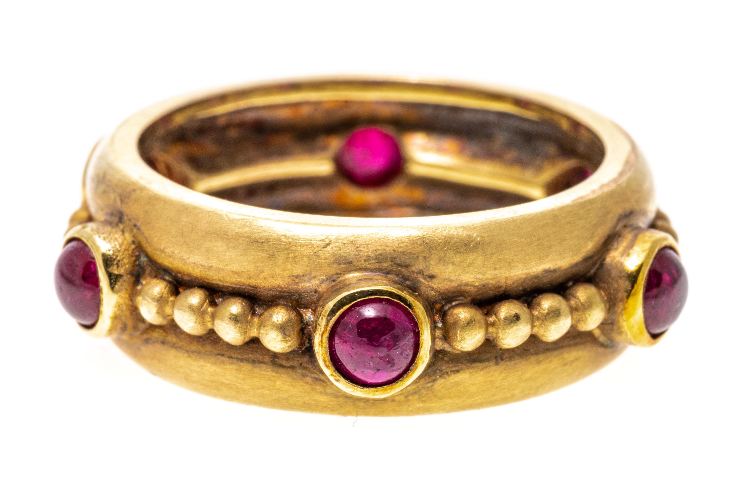 Etruscan Revival 14k Yellow Gold Matte Finished Cabachon Synthetic Ruby Eternity Band For Sale