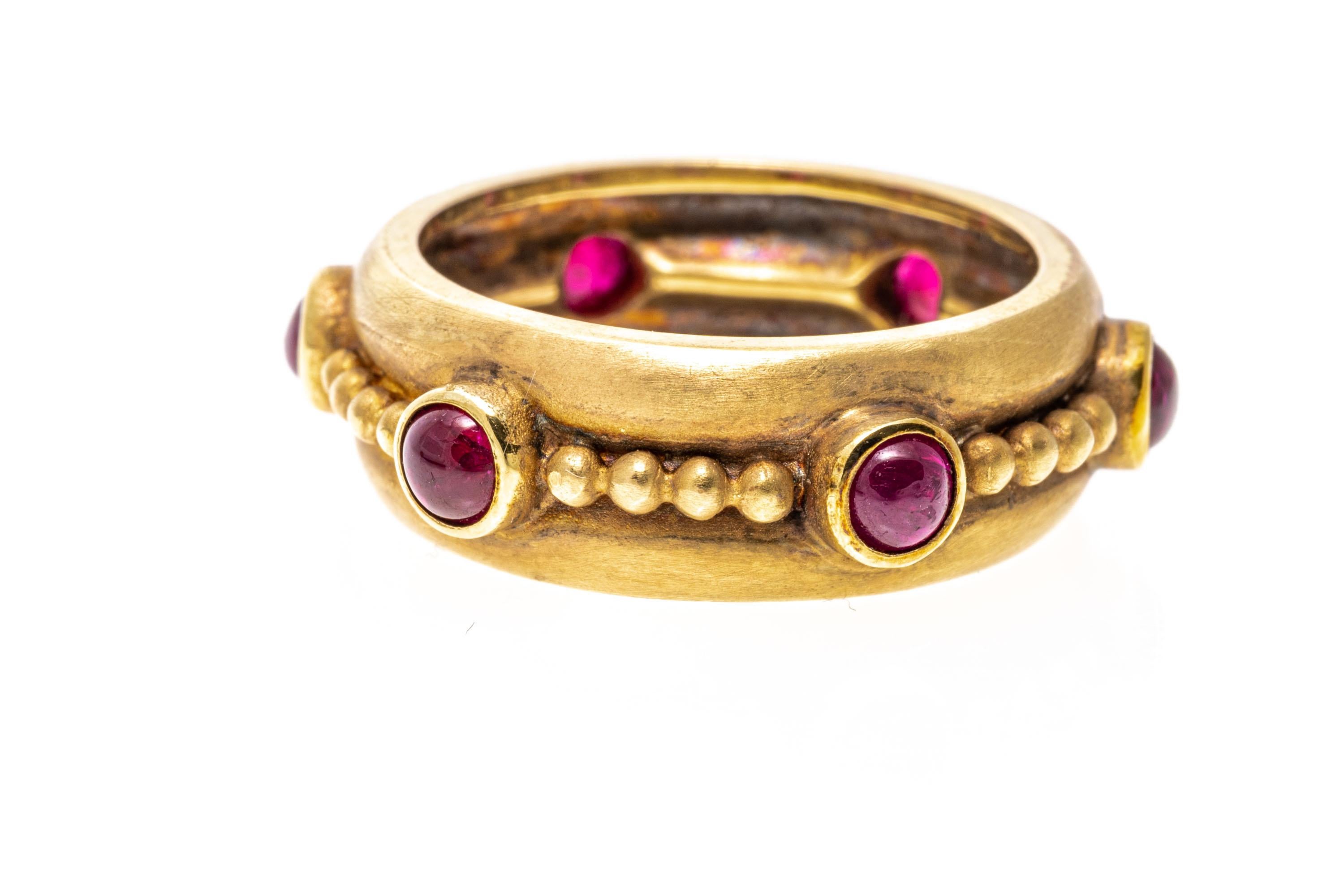 14k Yellow Gold Matte Finished Cabachon Synthetic Ruby Eternity Band In Good Condition For Sale In Southport, CT