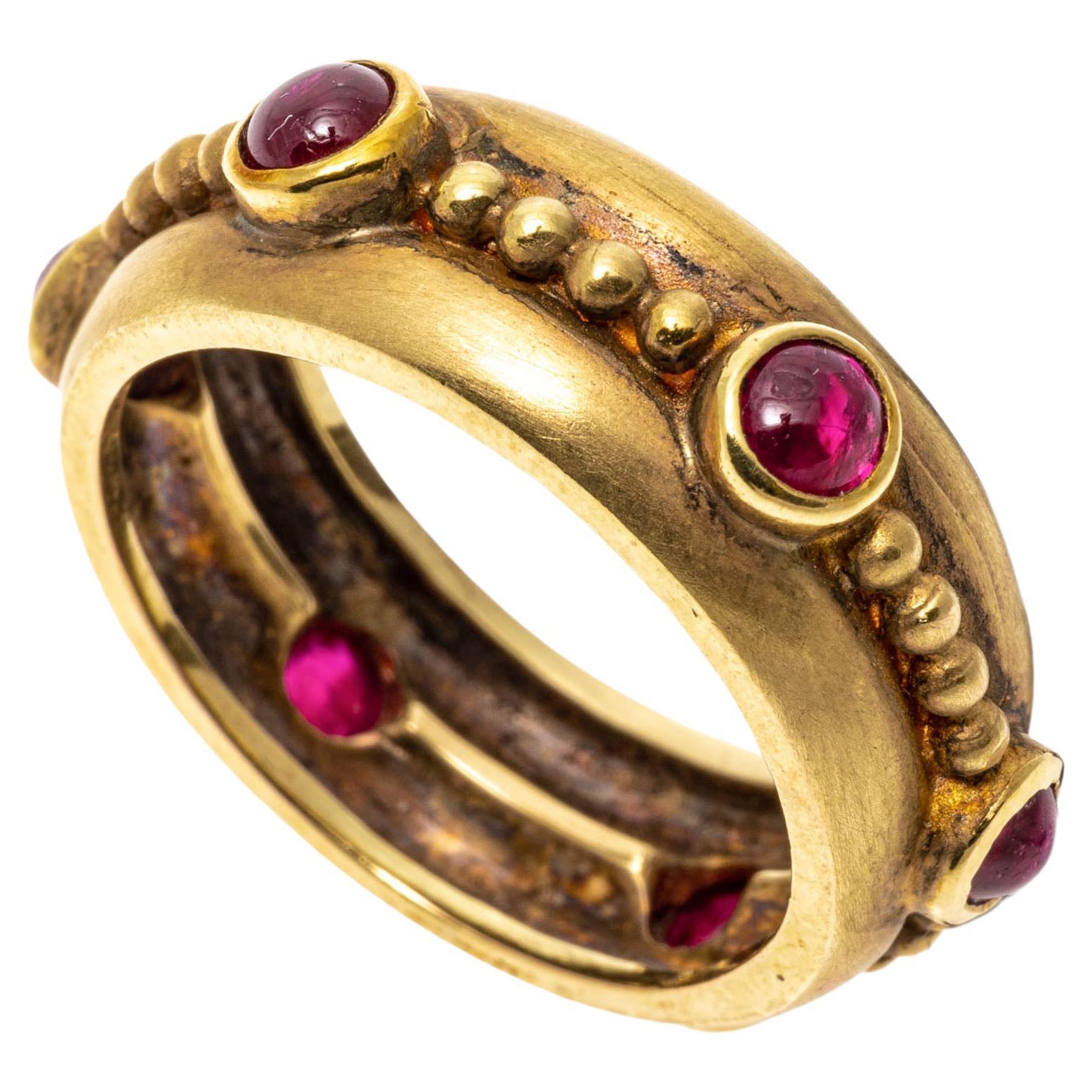 14k Yellow Gold Matte Finished Cabachon Synthetic Ruby Eternity Band For Sale