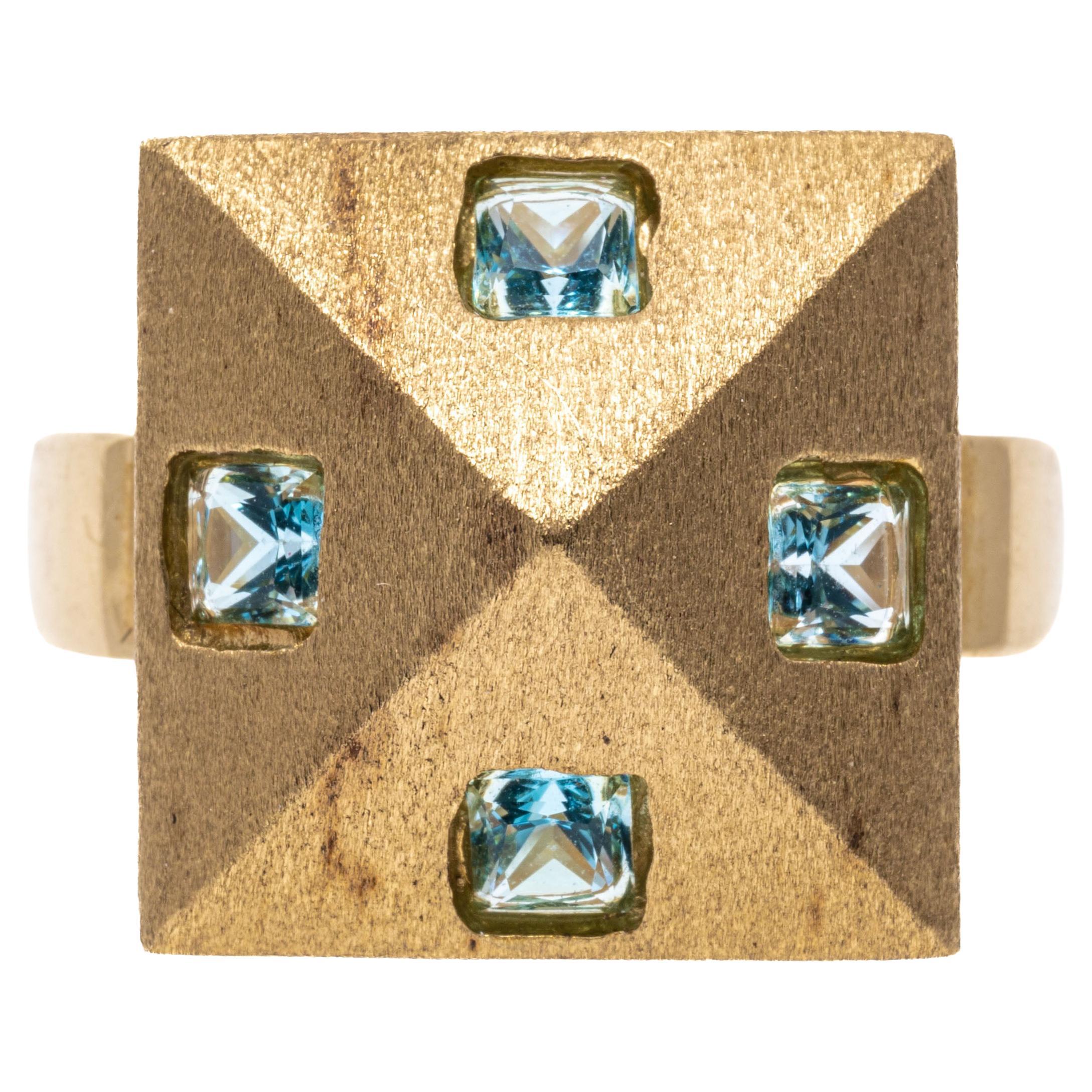14k Yellow Gold Matte Pyramid Shaped Dome Ring with Blue Topaz