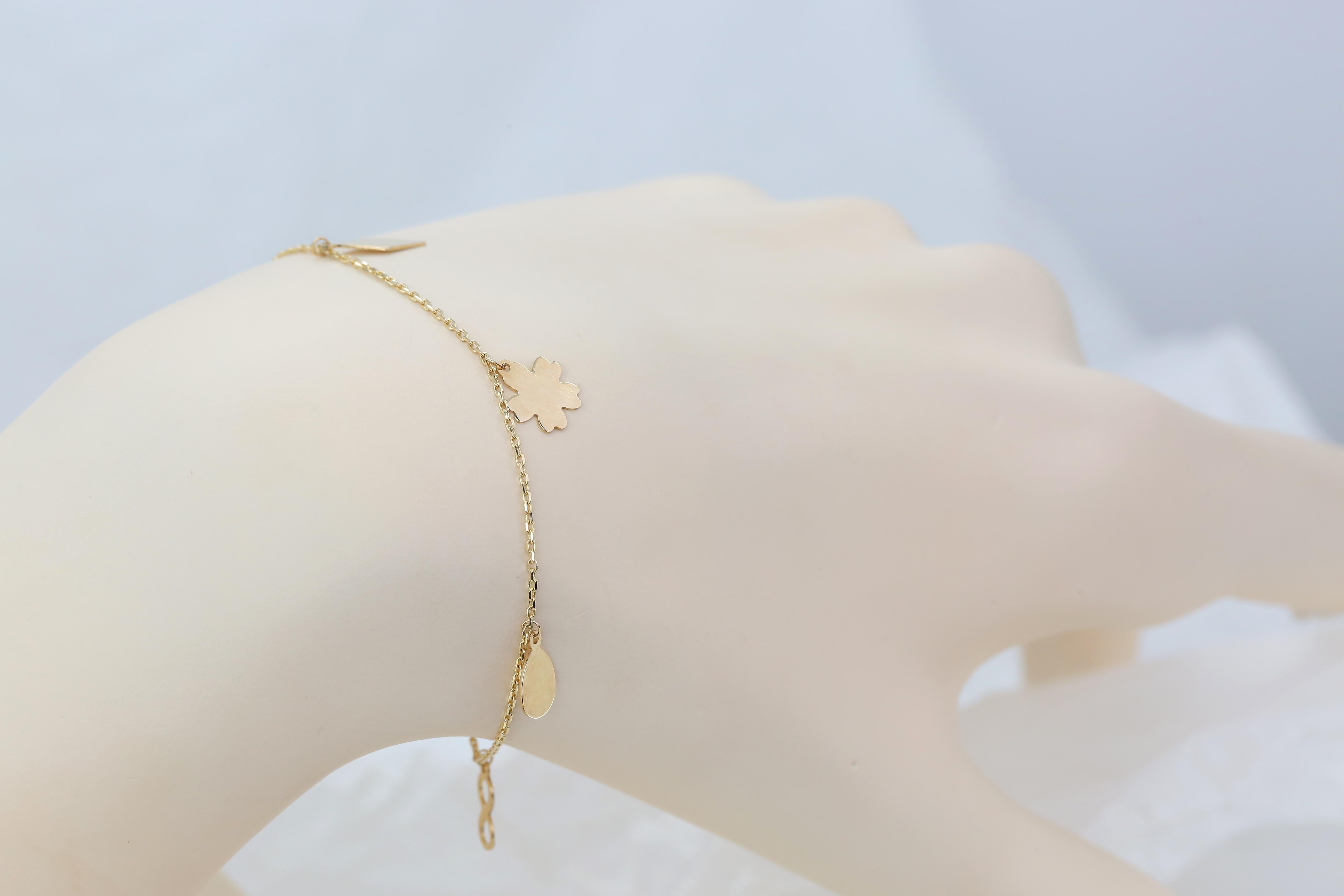 14K Yellow Gold Meaningful Charms Dainty Bracelet For Sale 1