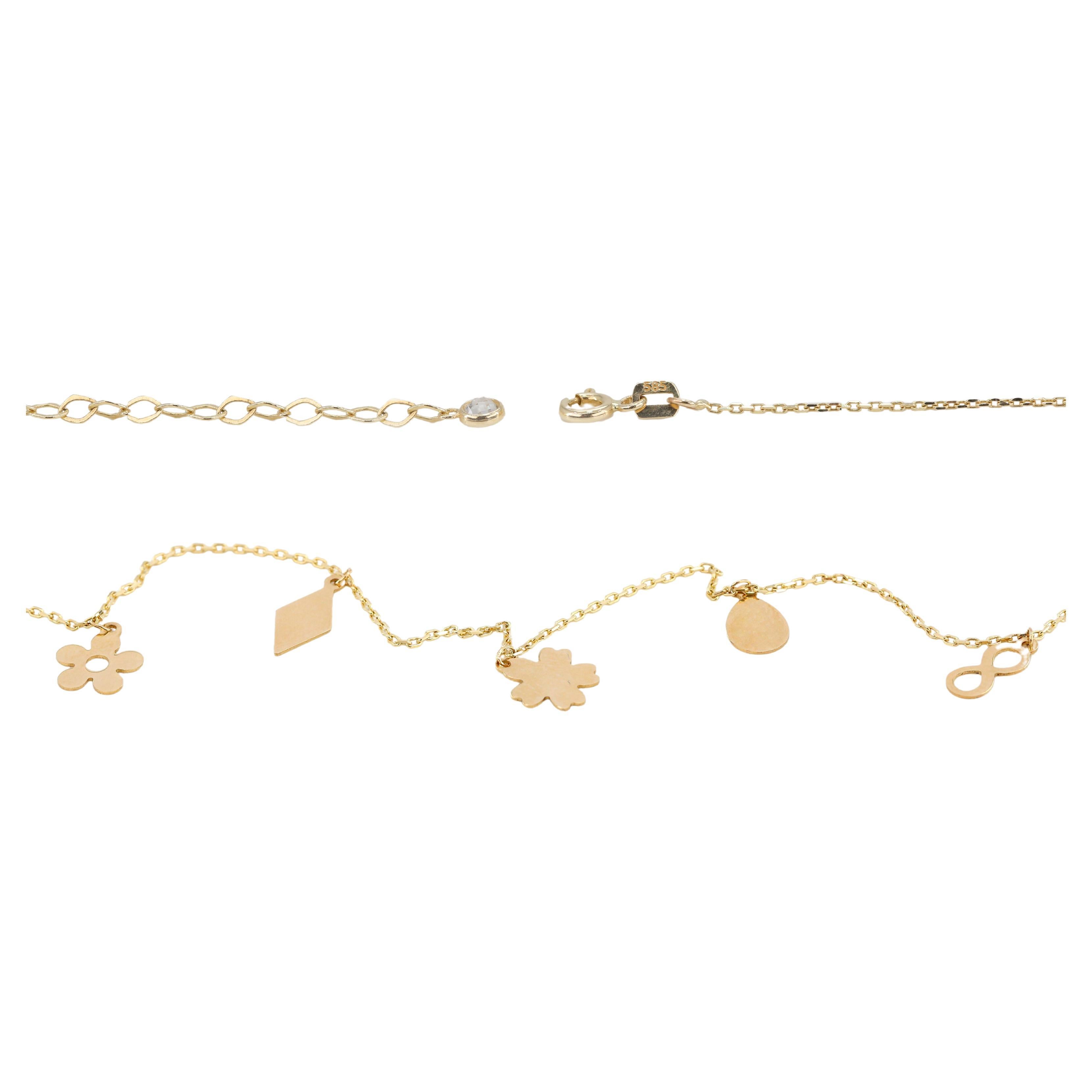 14K Yellow Gold Meaningful Charms Dainty Bracelet For Sale