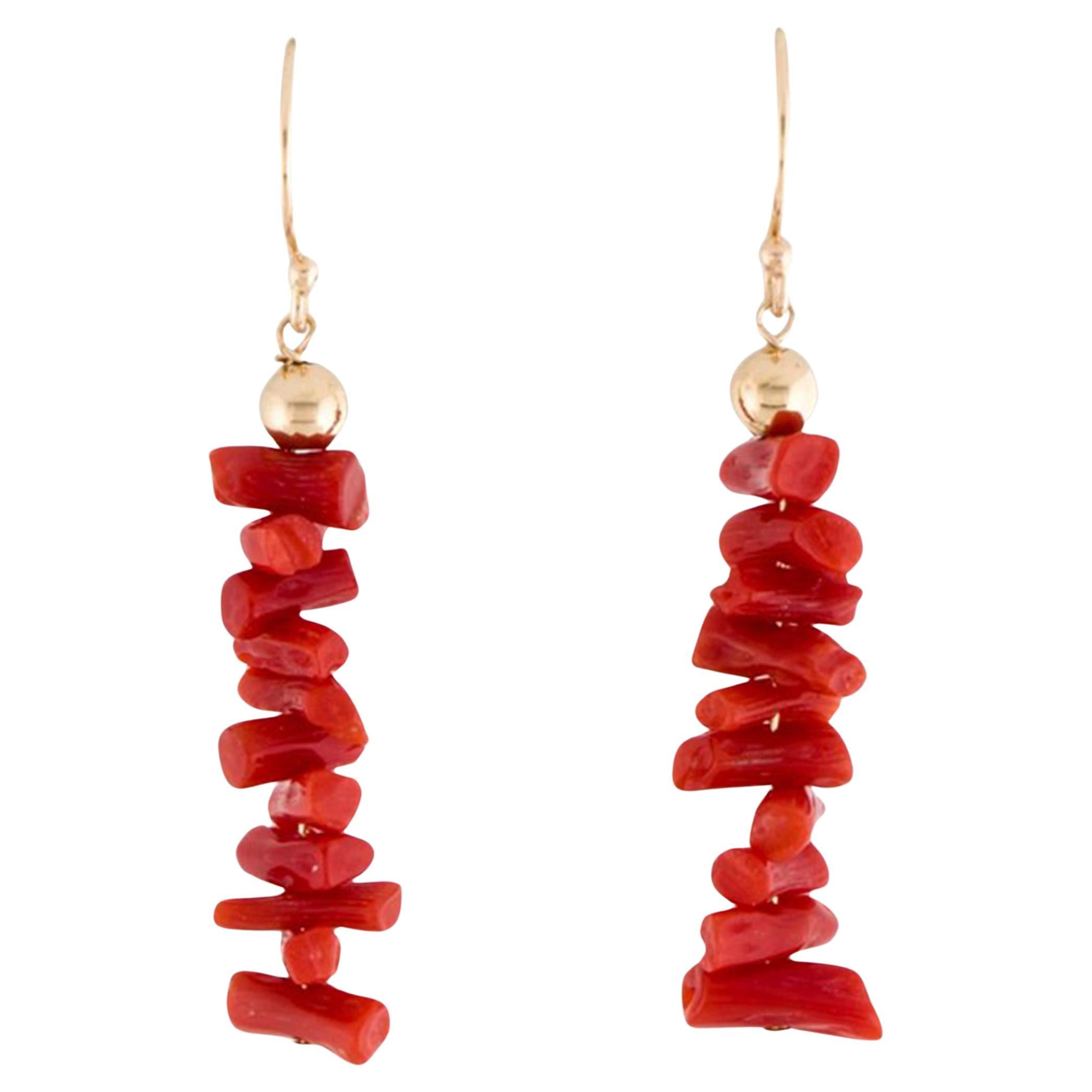 14K Yellow Gold Mediterranean Coral Drop Earrings - Natural Color gift for Women For Sale