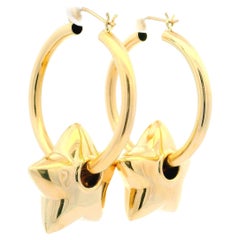 14k Yellow Gold Medium Classic Tube Hoop Earrings w/ Puffed Sliding Star Charm