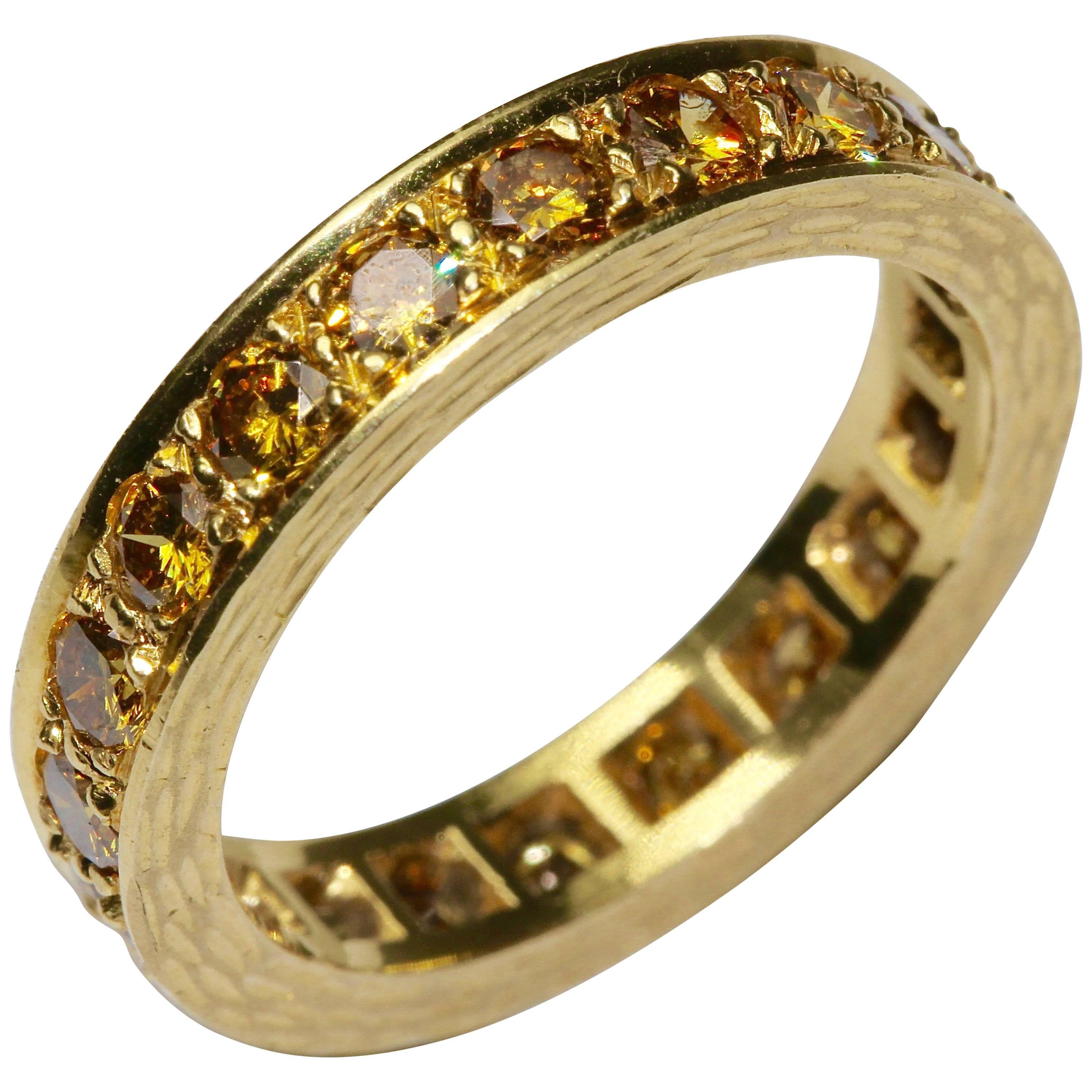 14k Yellow Gold Memory, memoire, Eternity Ring with 20 Champagne Diamonds, 2ct For Sale