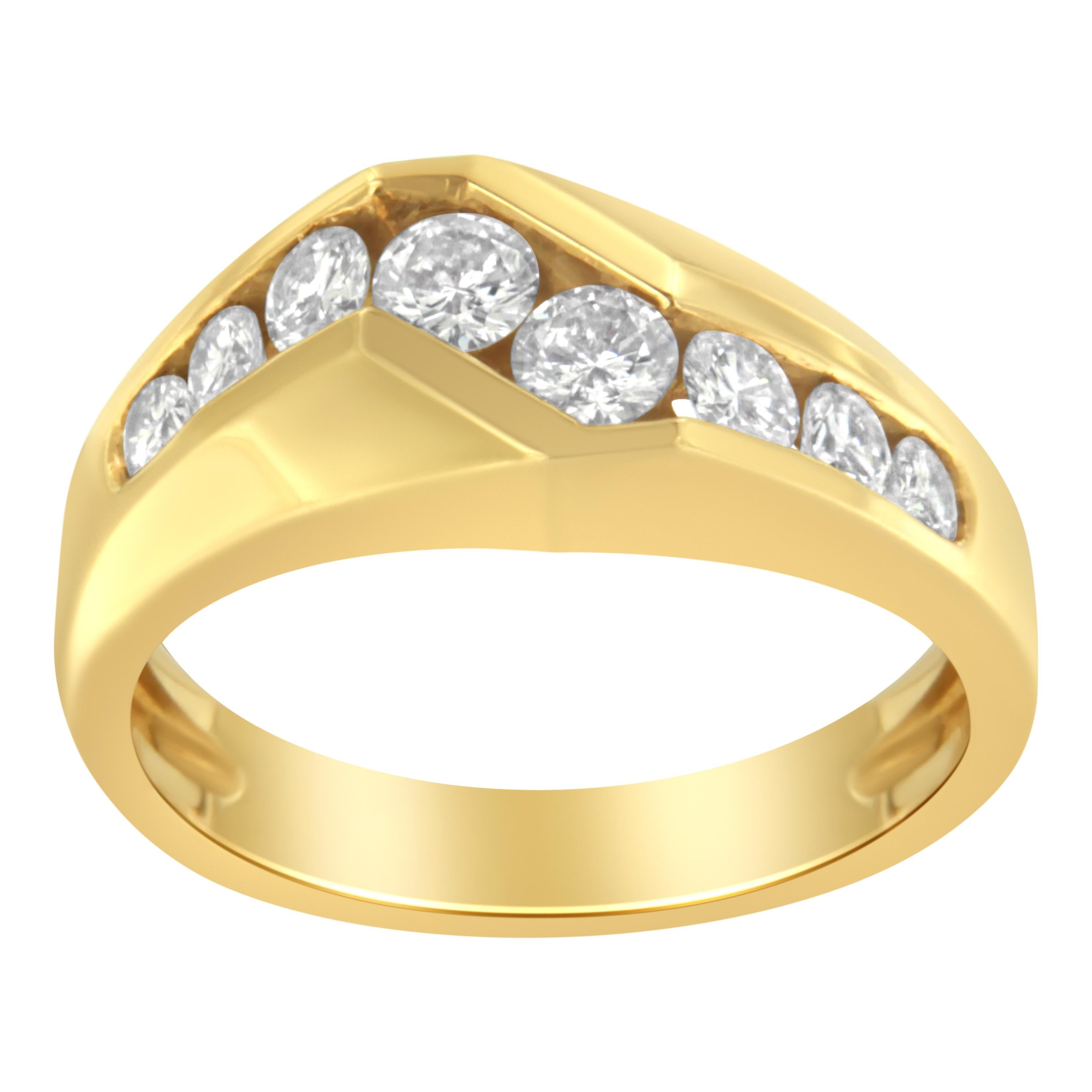 A diamond men's band that is uniquely designed with eight graduated round diamonds set in a Z-form shape along a wide 14 karat yellow gold band. The elegant design has a total diamond weight of 1 carat. 'Video Available Upon Request'

Product