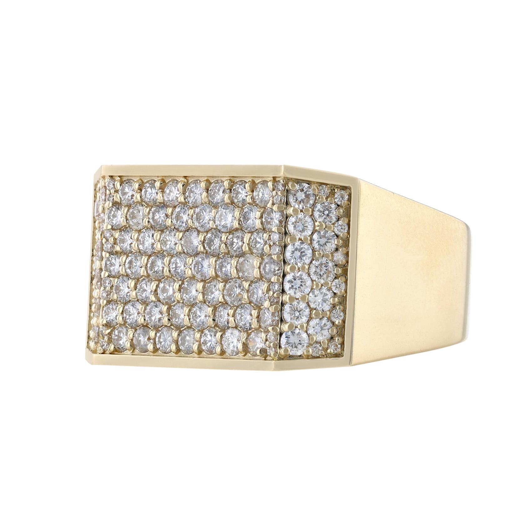 Modern 14K Yellow Gold Men's Pave' Diamond Square Ring, 1.87 Carat For Sale