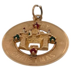 14K Yellow Gold Merry Christmas Charm With Ruby and Emerald