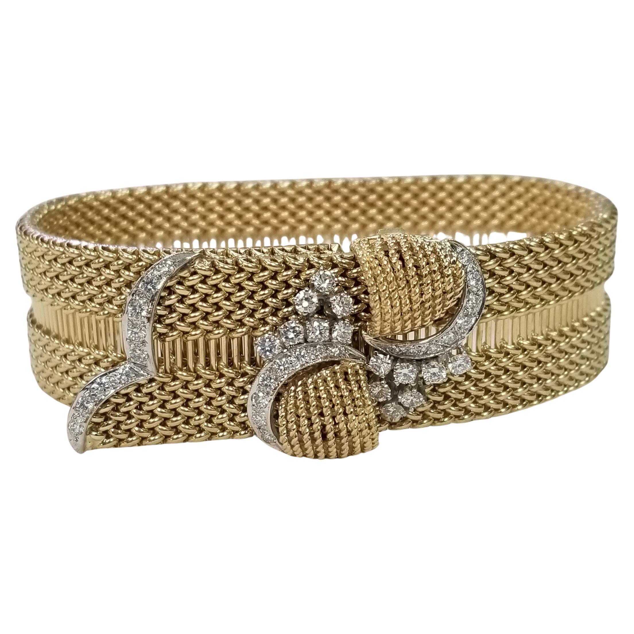 14k Yellow Gold "Mesh" Diamond Buckle Adjustable Bracelet For Sale