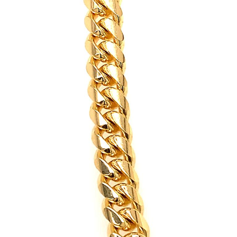 Beautifully crafted Miami Cuban link chain in 14 karat yellow gold. The necklace has a stunning high polish finish and is equipped with box clasp with two additiona figure 8 side clasps for extra security.
The necklace is 4mm wide and 22 inches