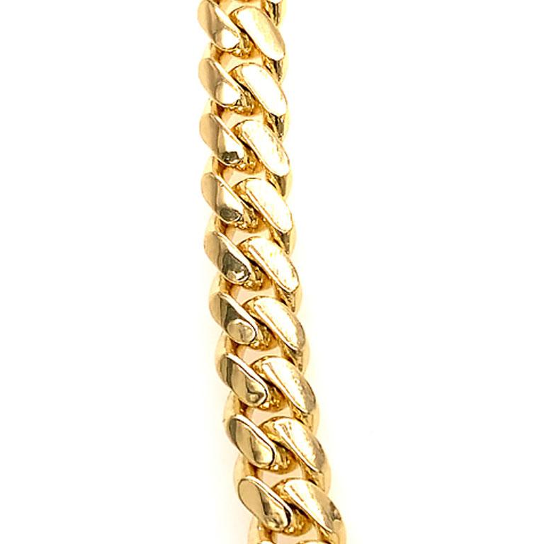 Beautifully crafted Miami Cuban link chain in 14 karat yellow gold. The necklace has a stunning high polish finish and is equipped with box  clasp with two additiona figure 8 side clasps for extra security.
The necklace is 7mm wide and 24 inches