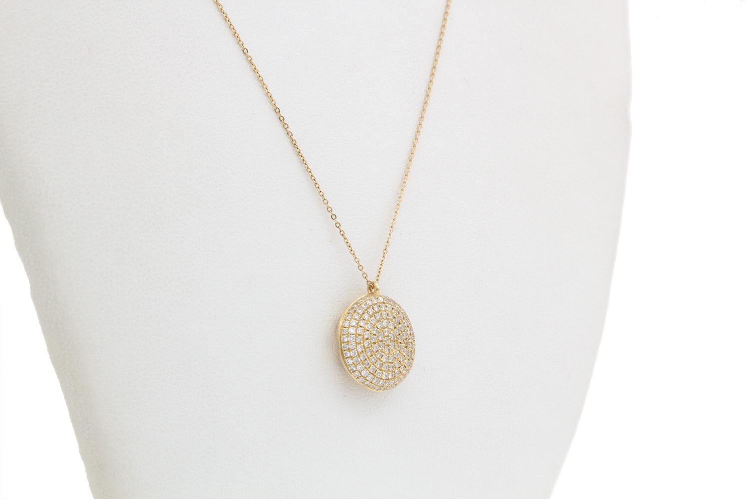 14k Yellow Gold & Micro Pave Diamond Puffy Disk Pendant Necklace 0.74ctw For Sale 5