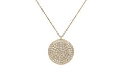 14k Yellow Gold & Micro Pave Diamond Puffy Disk Pendant Necklace 0.74ctw