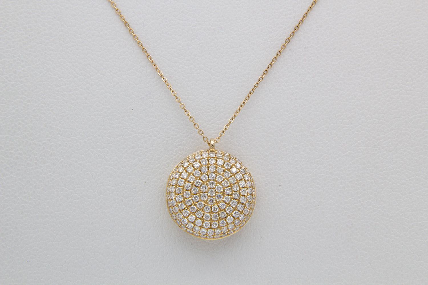Women's 14k Yellow Gold & Micro Pave Diamond Puffy Disk Pendant Necklace 0.74ctw For Sale