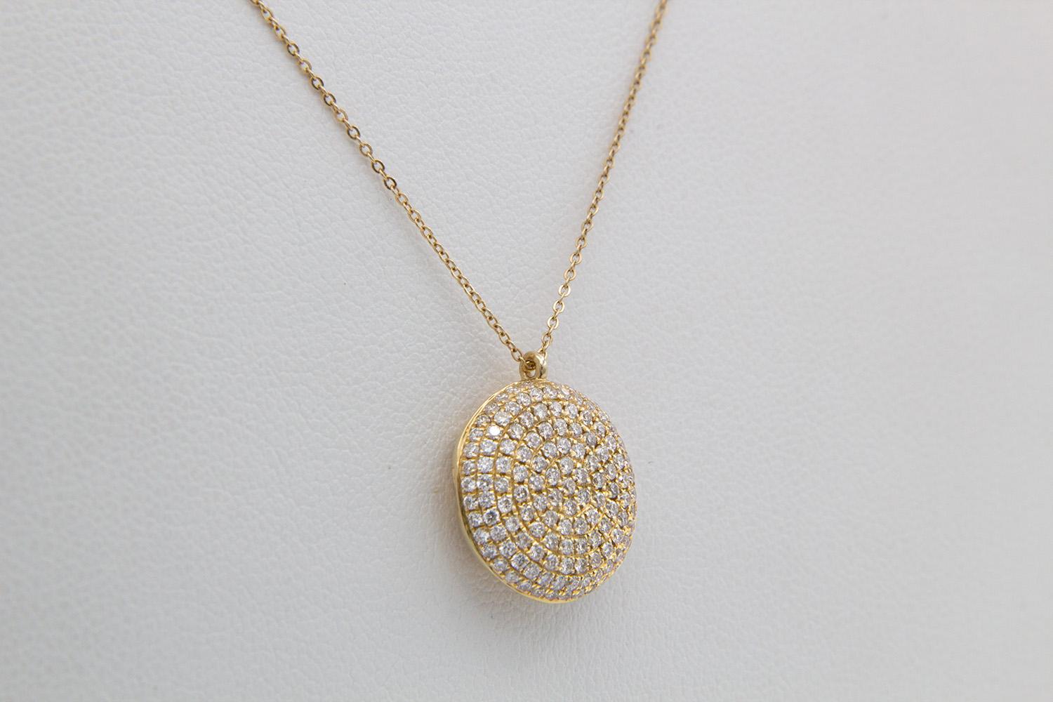 14k Yellow Gold & Micro Pave Diamond Puffy Disk Pendant Necklace 0.74ctw For Sale 1