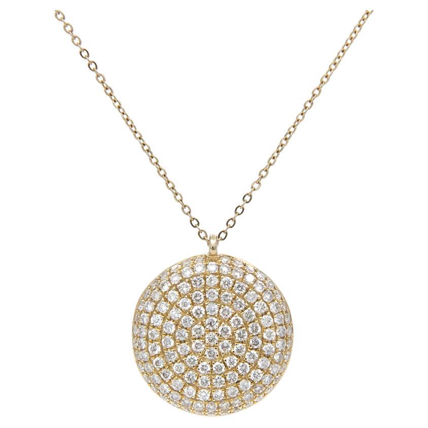 14k Yellow Gold & Micro Pave Diamond Puffy Disk Pendant Necklace 0.74ctw For Sale