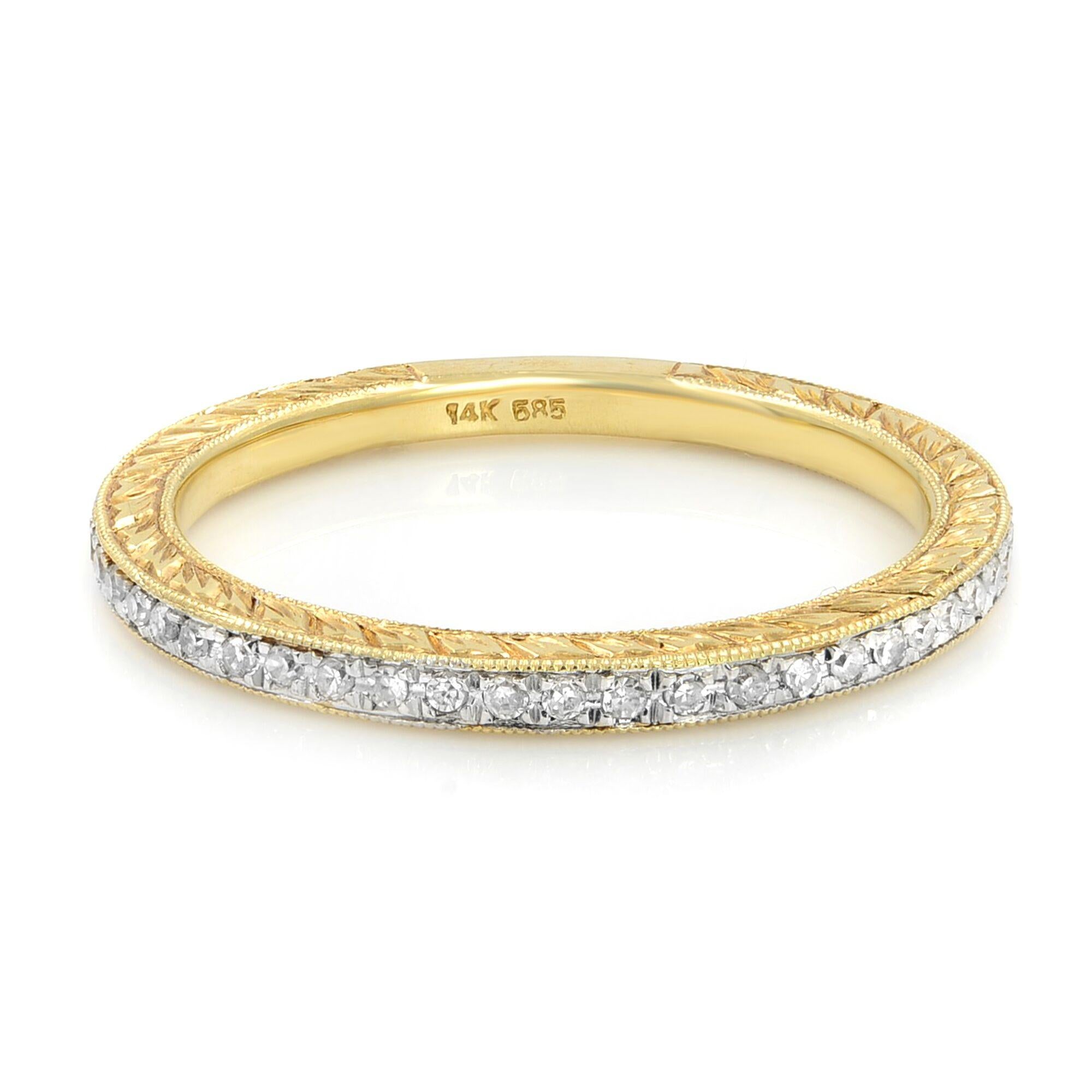 Beautiful dimaond eternity ring crafted in 14k yellow gold with micro pave diamonds encircling almost entire finger. Sizing bar left at the bottom for future sizings. Hand engraved on all high polished sides this band is an amazing find! 0.18cts in