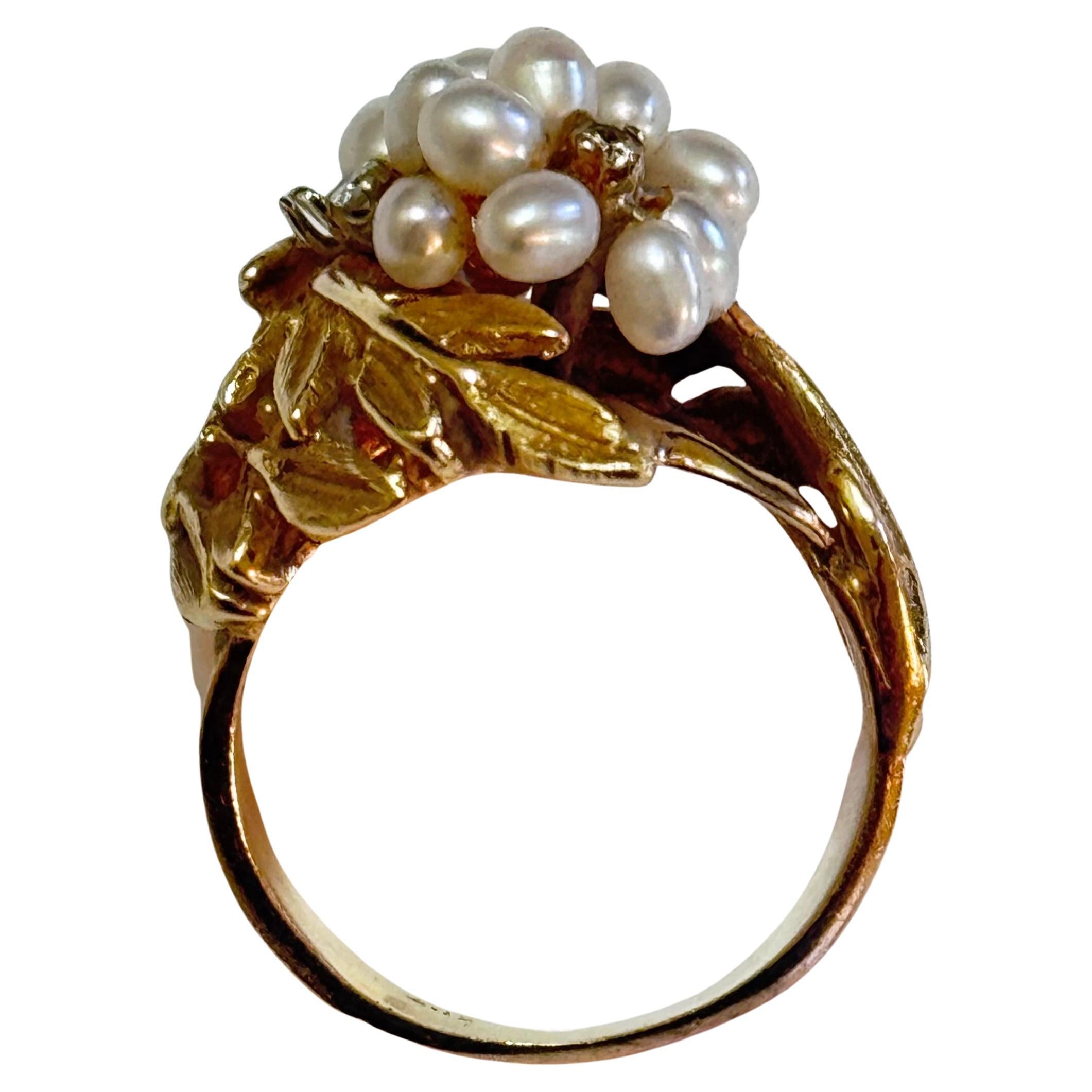 Retro 14K Yellow Gold Mid-Century Seed Pearl Cocktail Ring For Sale