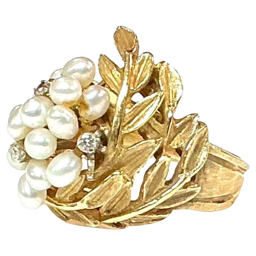 Rétro Anello da cocktail in oro giallo 14K con perle di seme di metà secolo in vendita