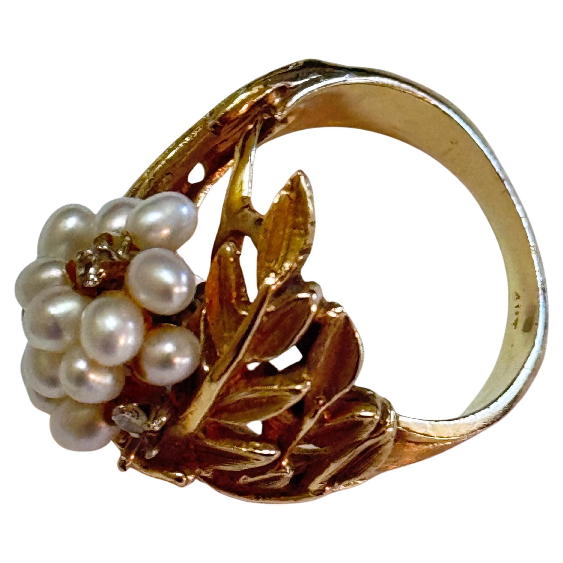 Round Cut 14K Yellow Gold Mid-Century Seed Pearl Cocktail Ring For Sale