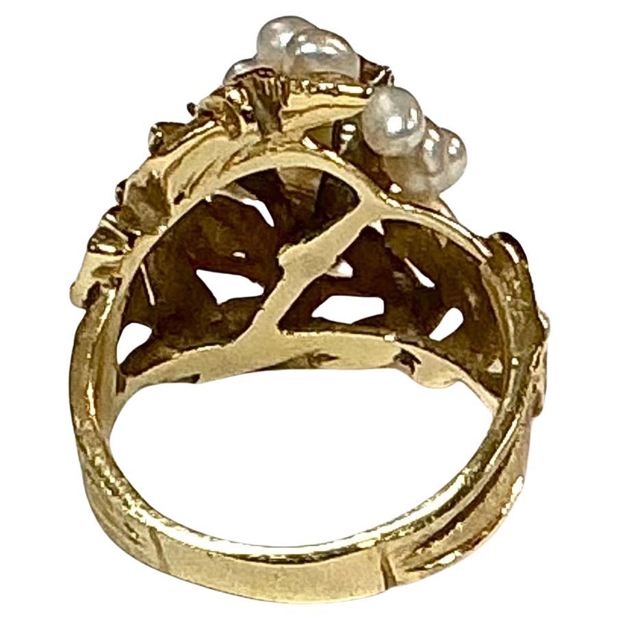 Anello da cocktail in oro giallo 14K con perle di seme di metà secolo In condizioni buone in vendita a Bradenton, FL